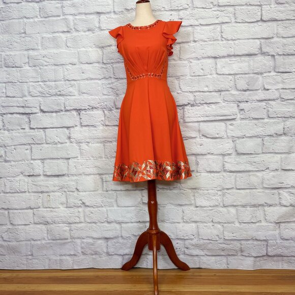 Ranna Gill Dresses & Skirts - Ranna Gill Orange Metallic Embroidered Fit & Flare Dress